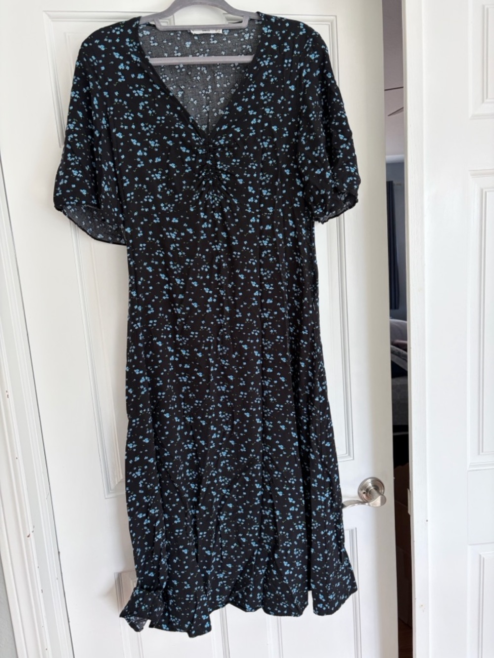 Mango Black Midi Dress with Light Blue Floral Print